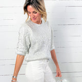 Kara White + Silver Foil Cable Sweater THML