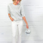 Kara White + Silver Foil Cable Sweater THML