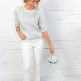 Kara White + Silver Foil Cable Sweater THML