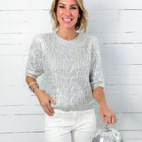 Kara White + Silver Foil Cable Sweater THML