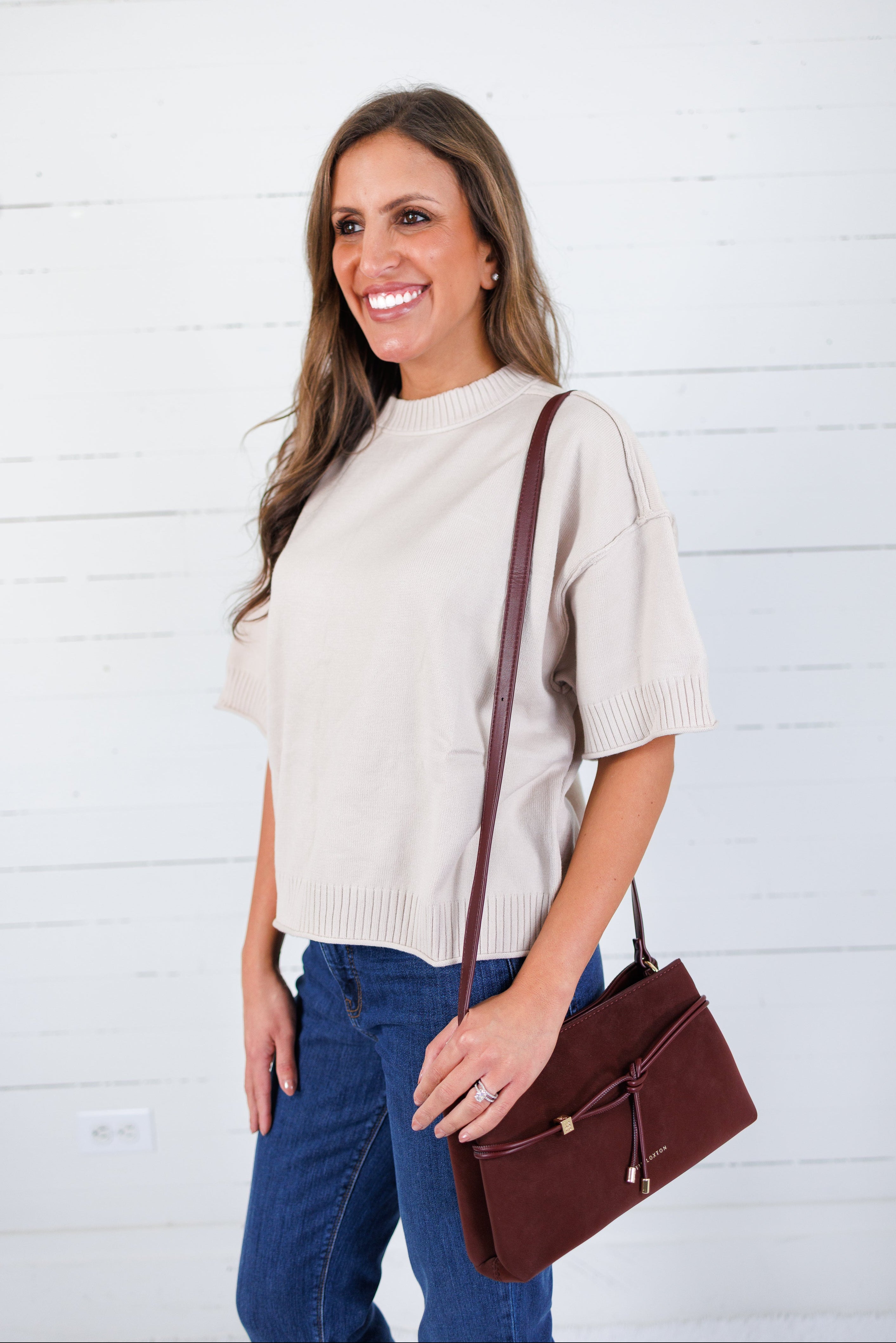 Katelyn Beige Relaxed Elbow Sleeve Sweater Glam
