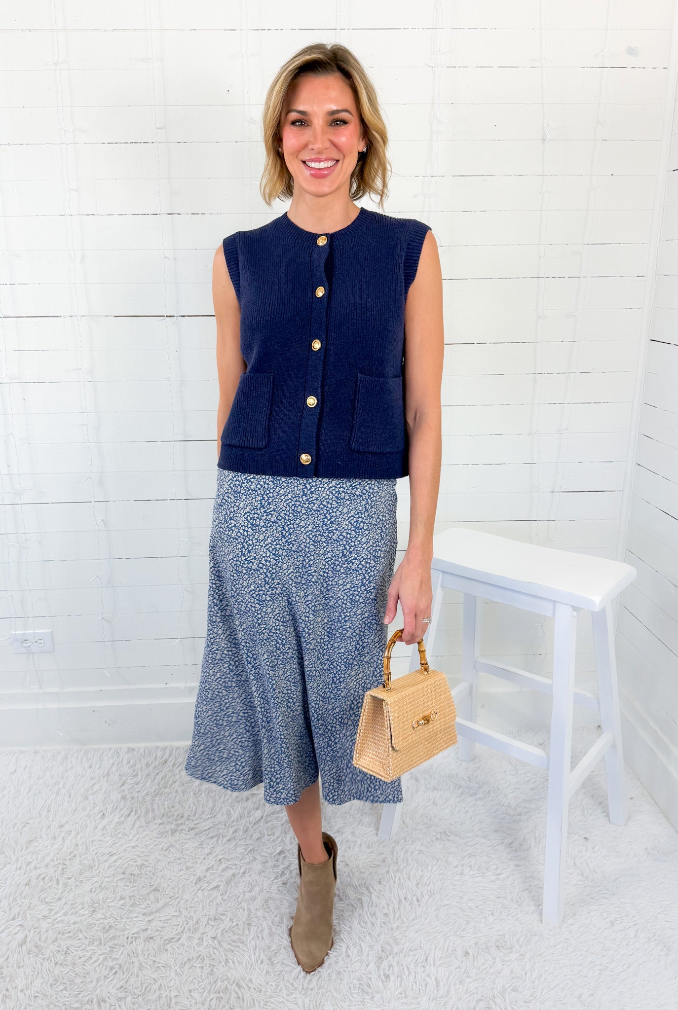 Katie Dusty Blue Pin Flower Slip Skirt Be Cool