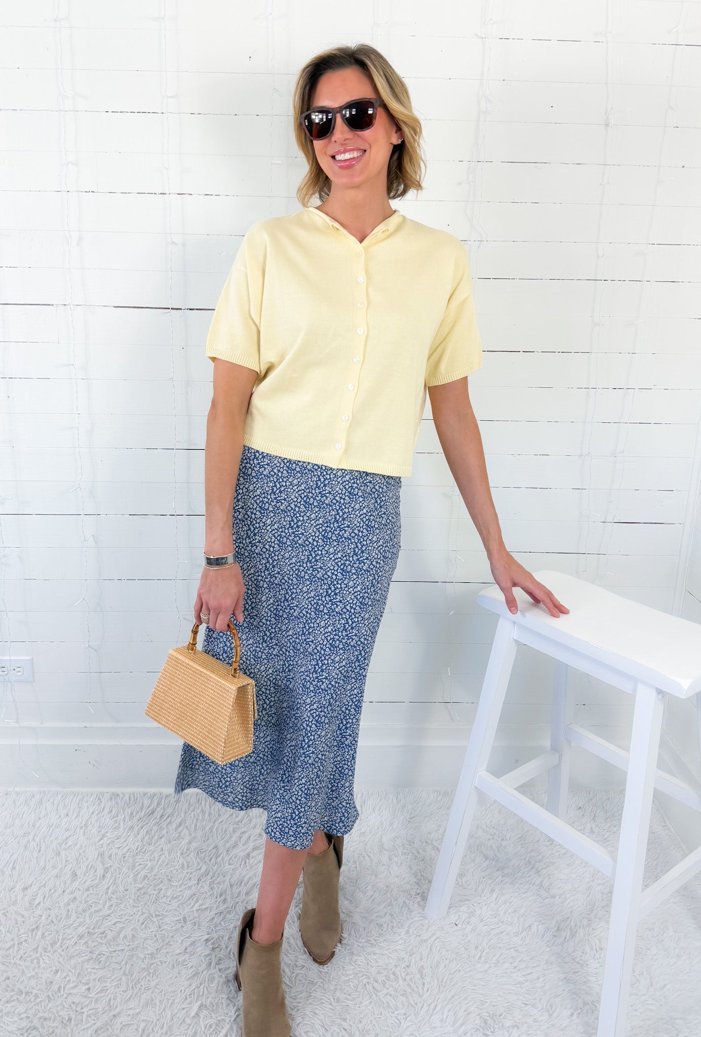 Katie Dusty Blue Pin Flower Slip Skirt Be Cool