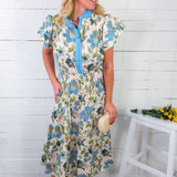 Kaye Blue Floral Ruffled Neck Midi Dress UMGEE