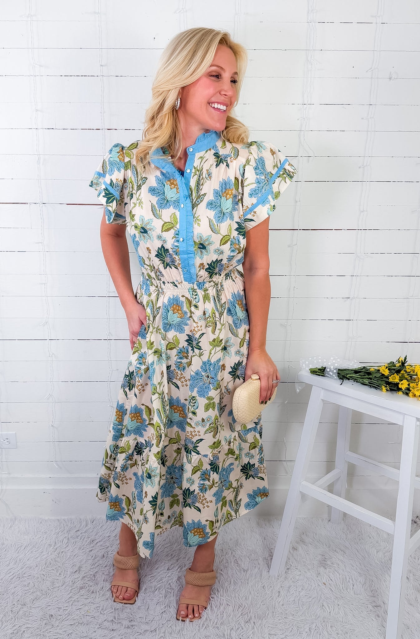 Kaye Blue Floral Ruffled Neck Midi Dress UMGEE