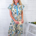 Kaye Blue Floral Ruffled Neck Midi Dress UMGEE