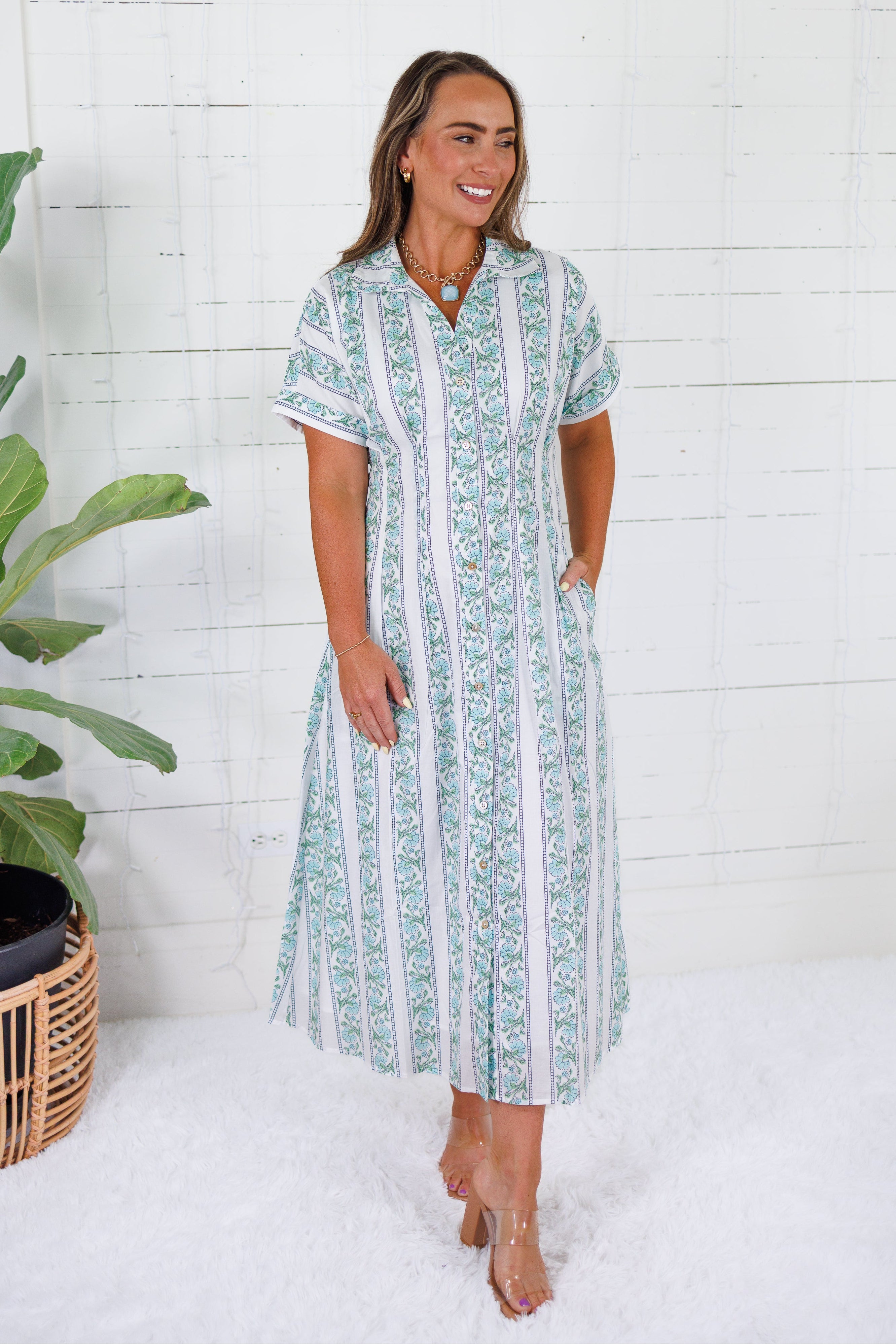 Kayla Green Floral Stripes Midi Dress THML