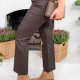 Kelsey Chocolate Coated High Rise Ankle Flare Raw Hem Jean KUT