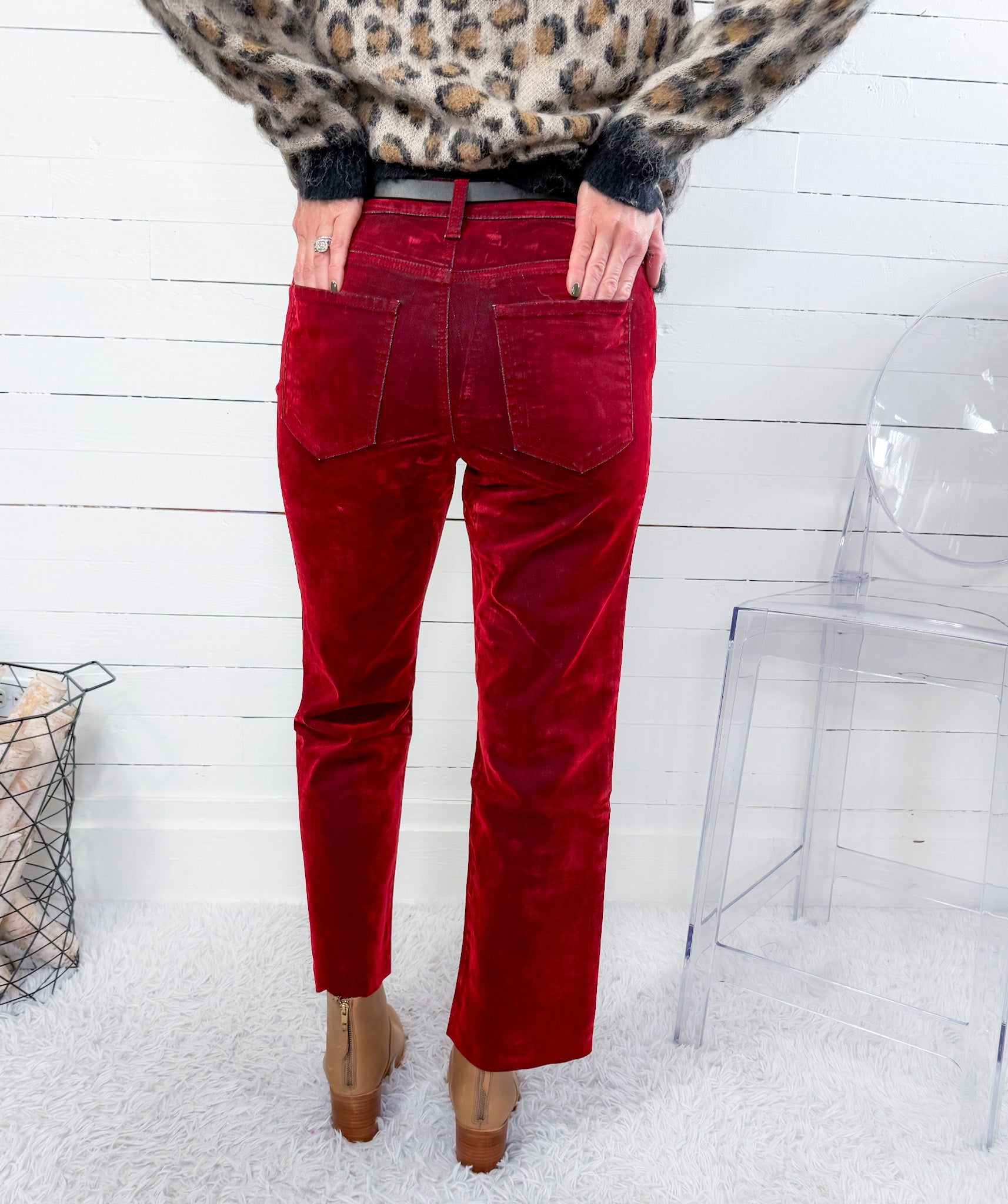 Kelsey Cranberry Red Velvet Coated High Rise Ankle Flare Jean KUT