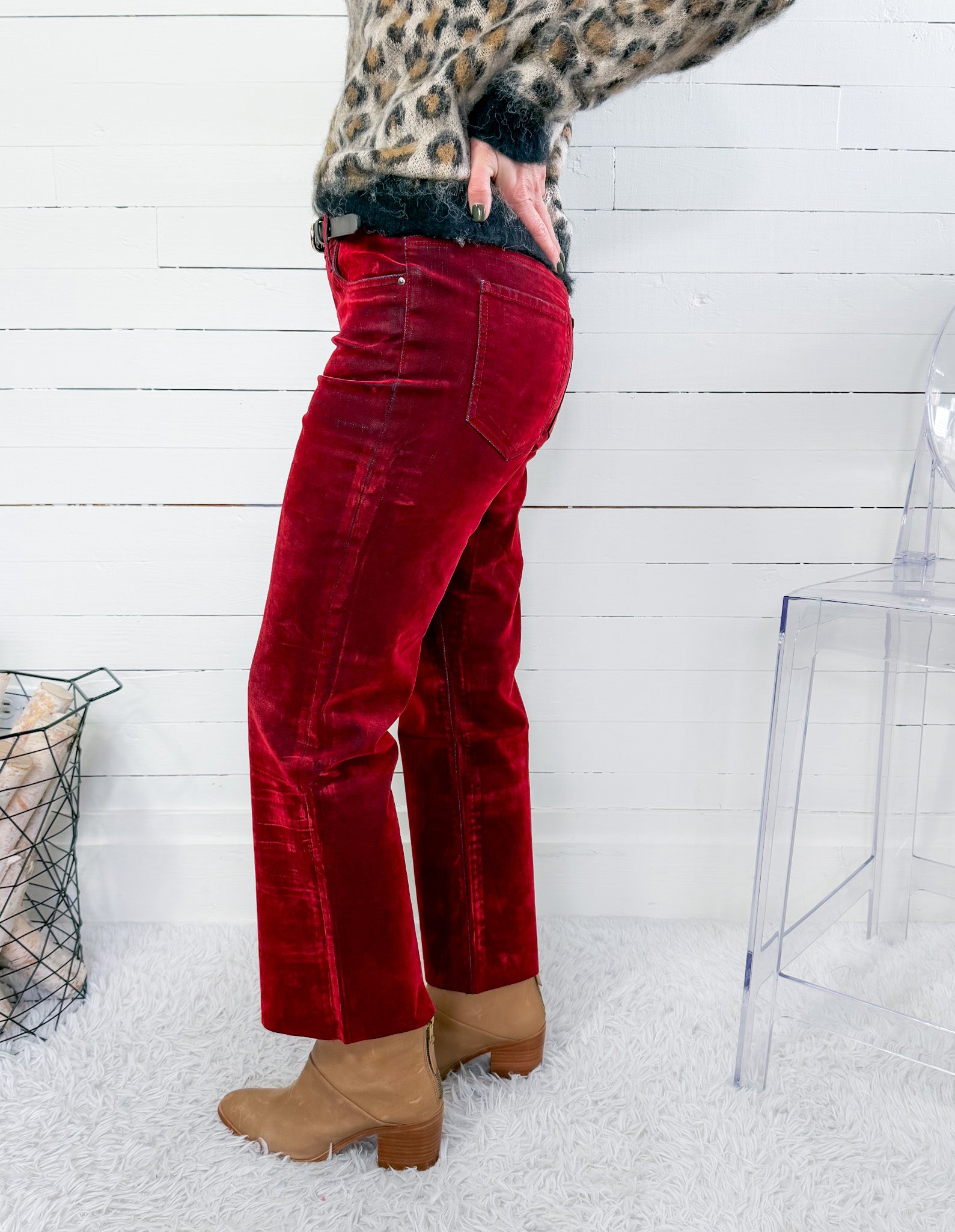 Kelsey Cranberry Red Velvet Coated High Rise Ankle Flare Jean KUT