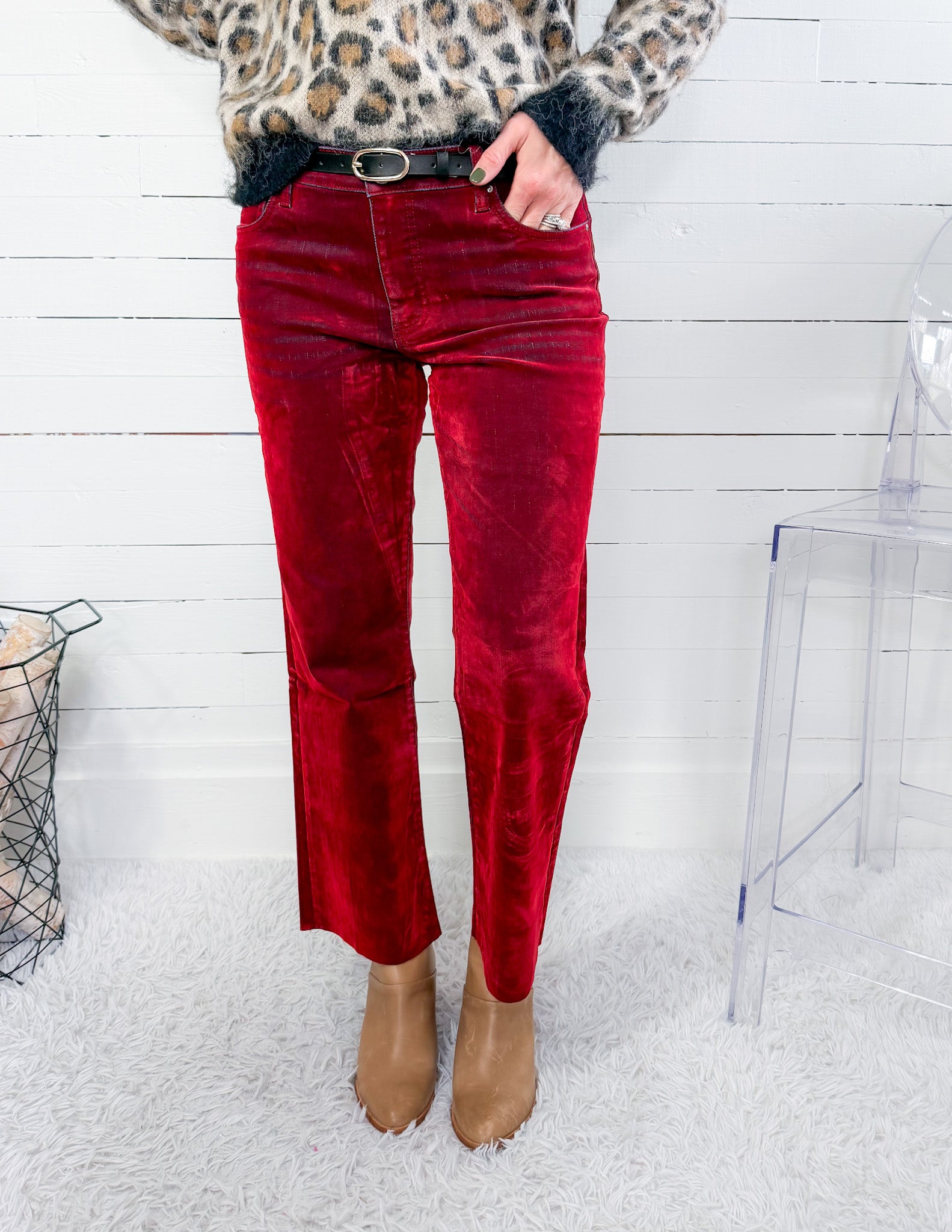 Kelsey Cranberry Red Velvet Coated High Rise Ankle Flare Jean KUT