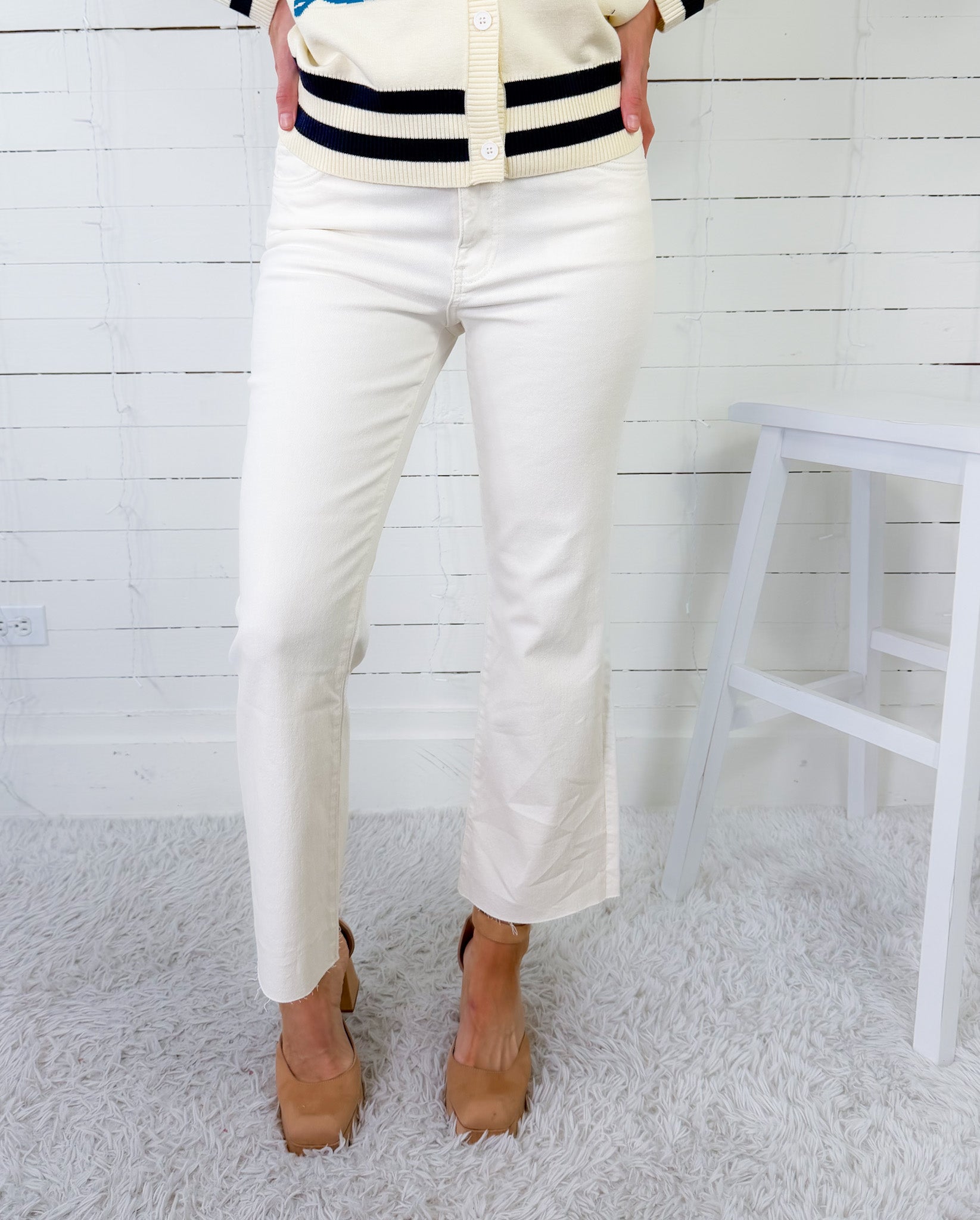 Kelsey Ecru High Rise Ankle Flare Raw Hem Jean KUT