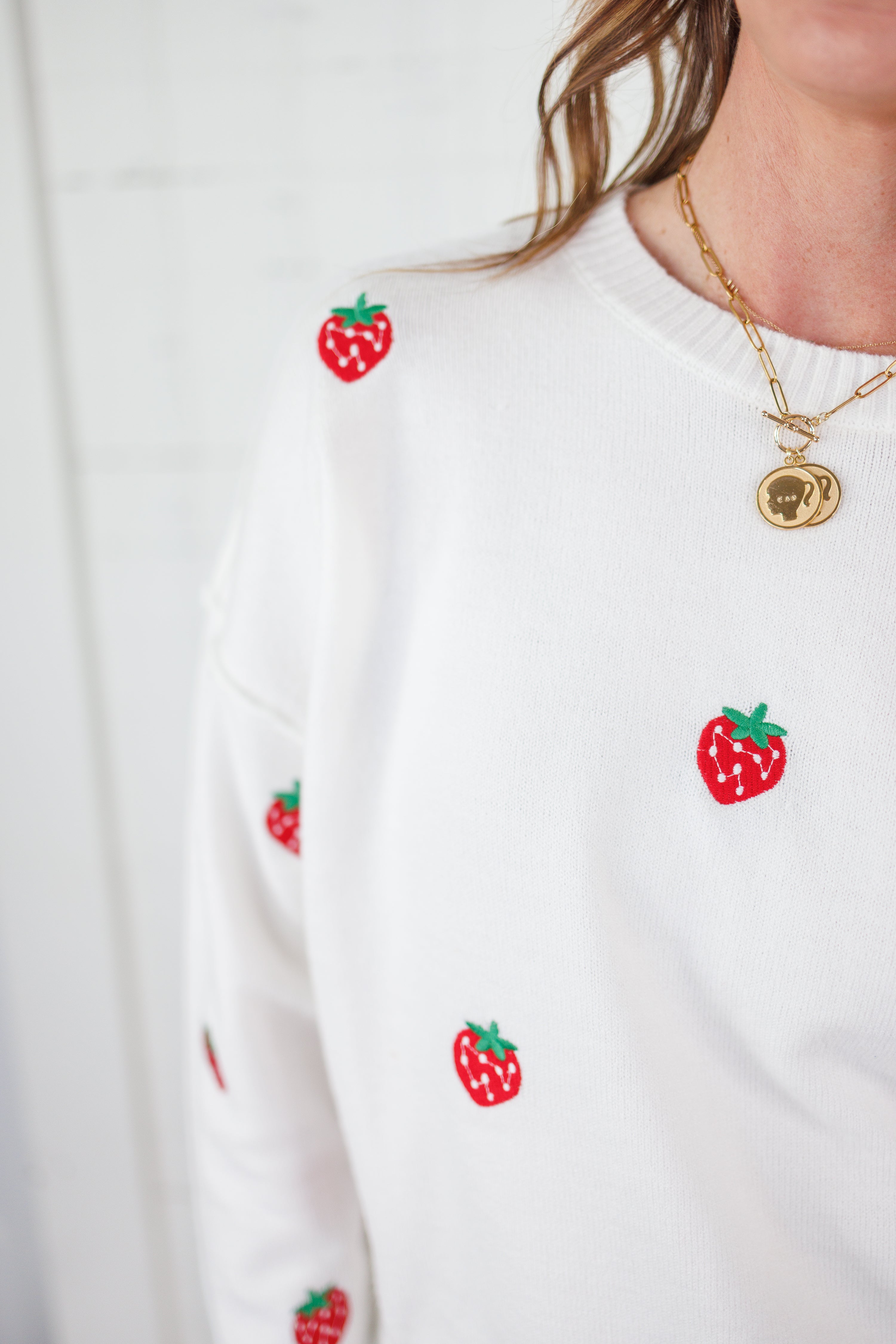 Kirsty White Strawberry Embroidered Sweater FATE