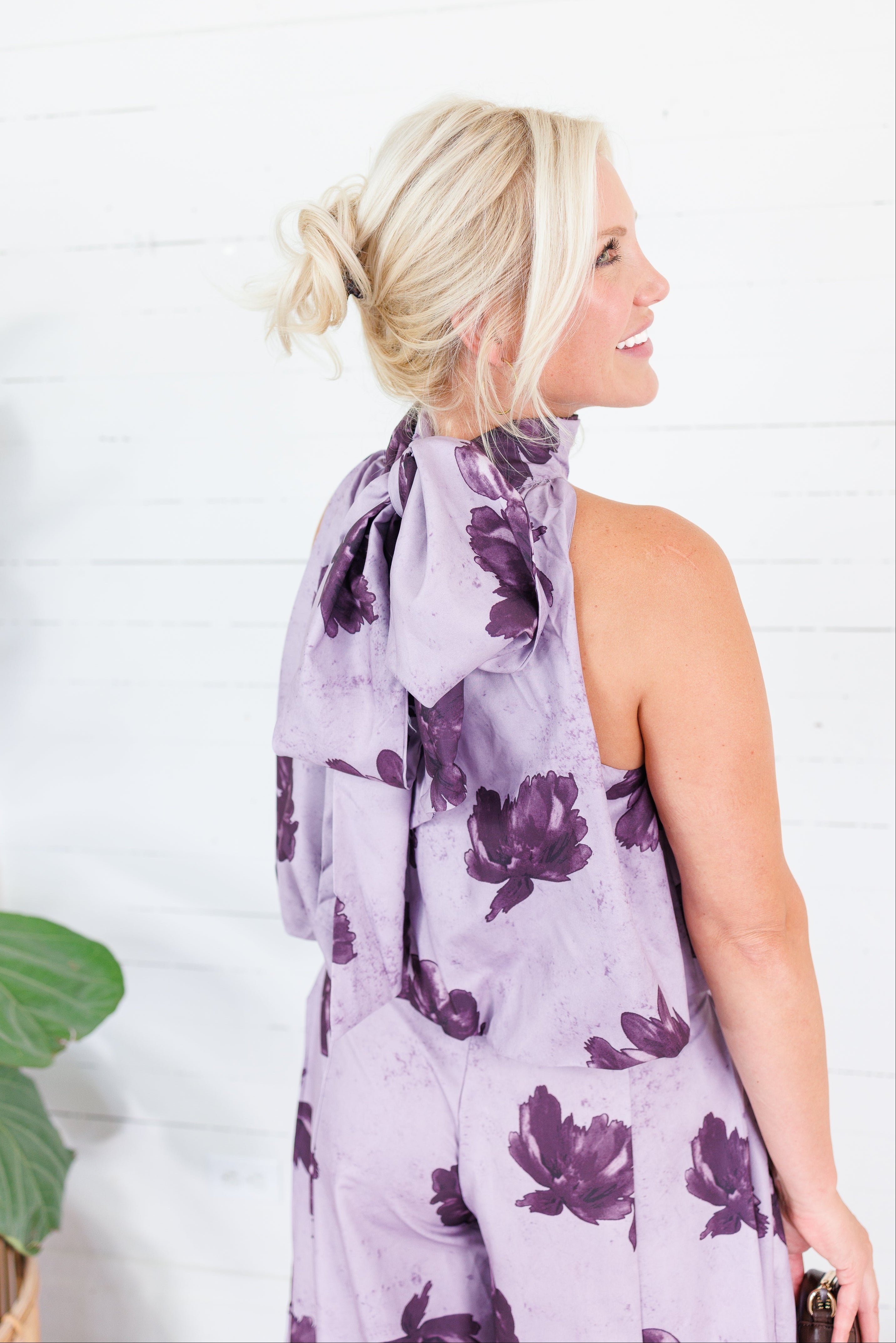 Kohl Grape Floral Halter Neck Bubble Hem Top Glam