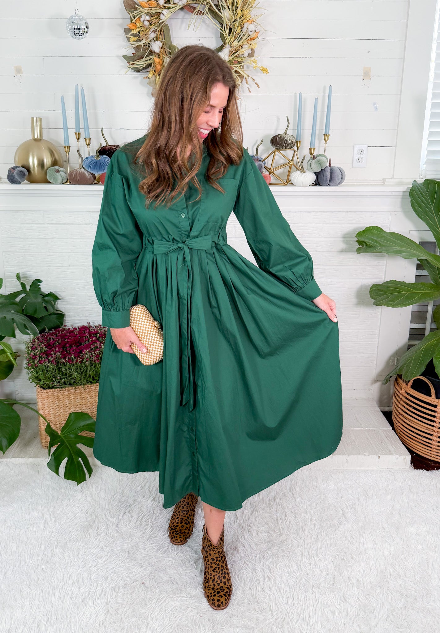 Kramer Hunter Green Button Midi Dress Jodifl