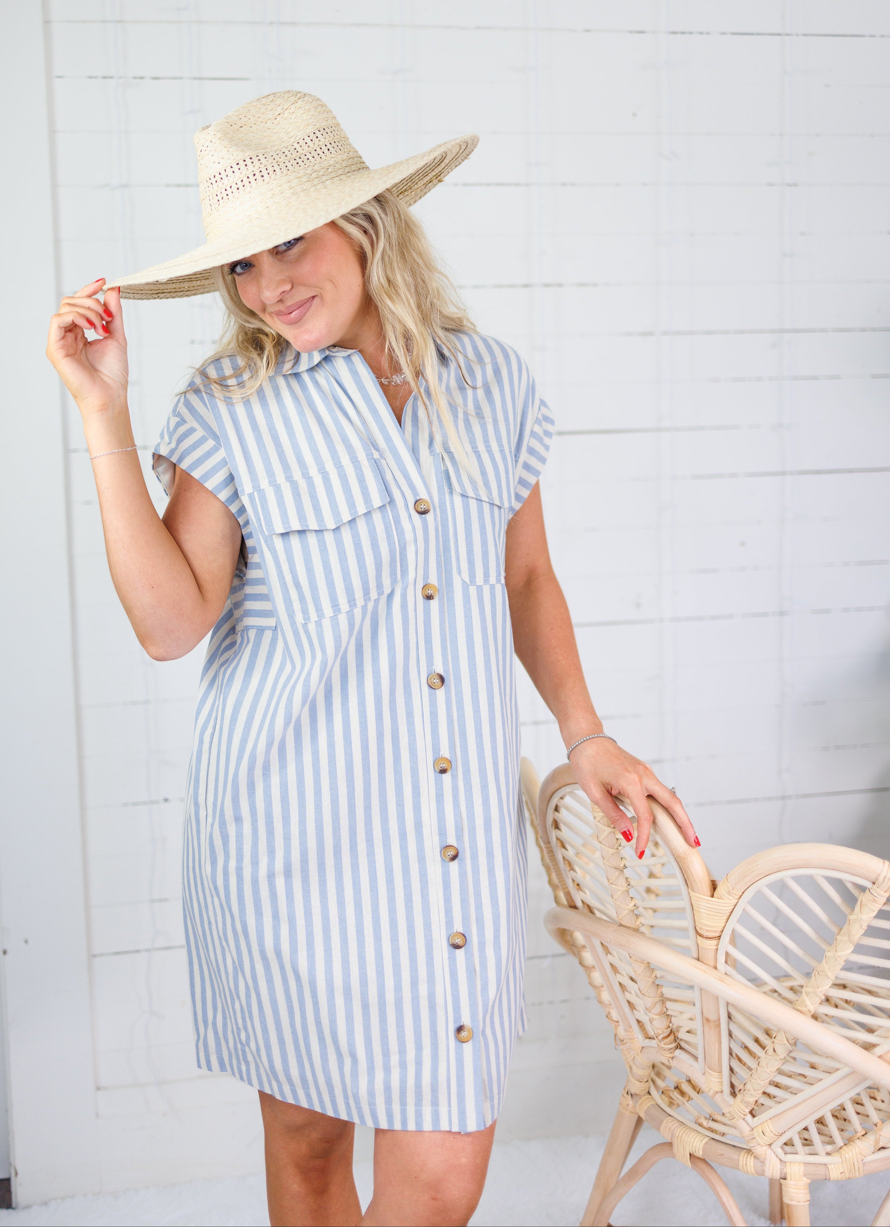Larson Dusty Blue + Ecru Stripe Shirt Dress