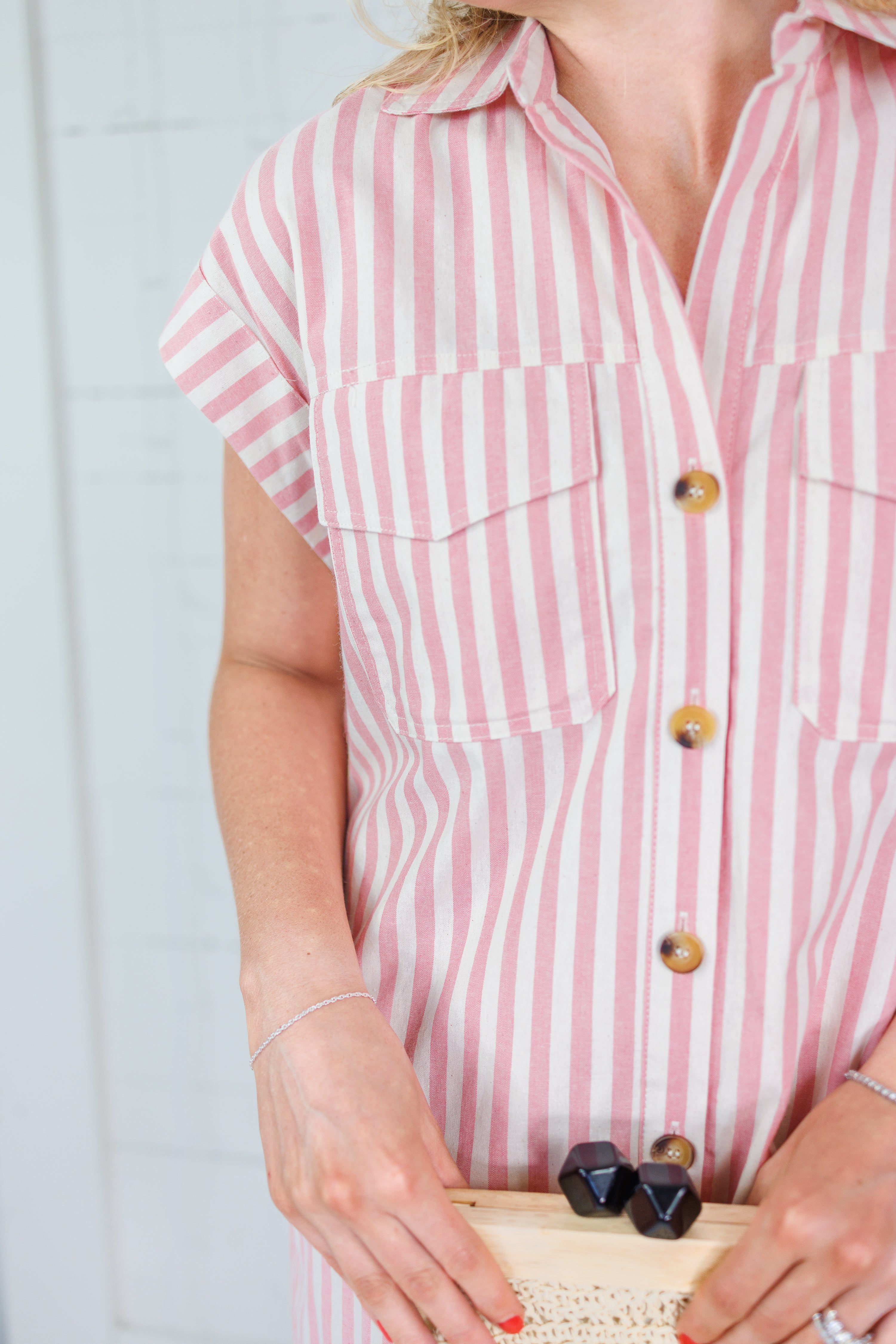 Larson Rosy Pink + Ecru Stripe Shirt Dress