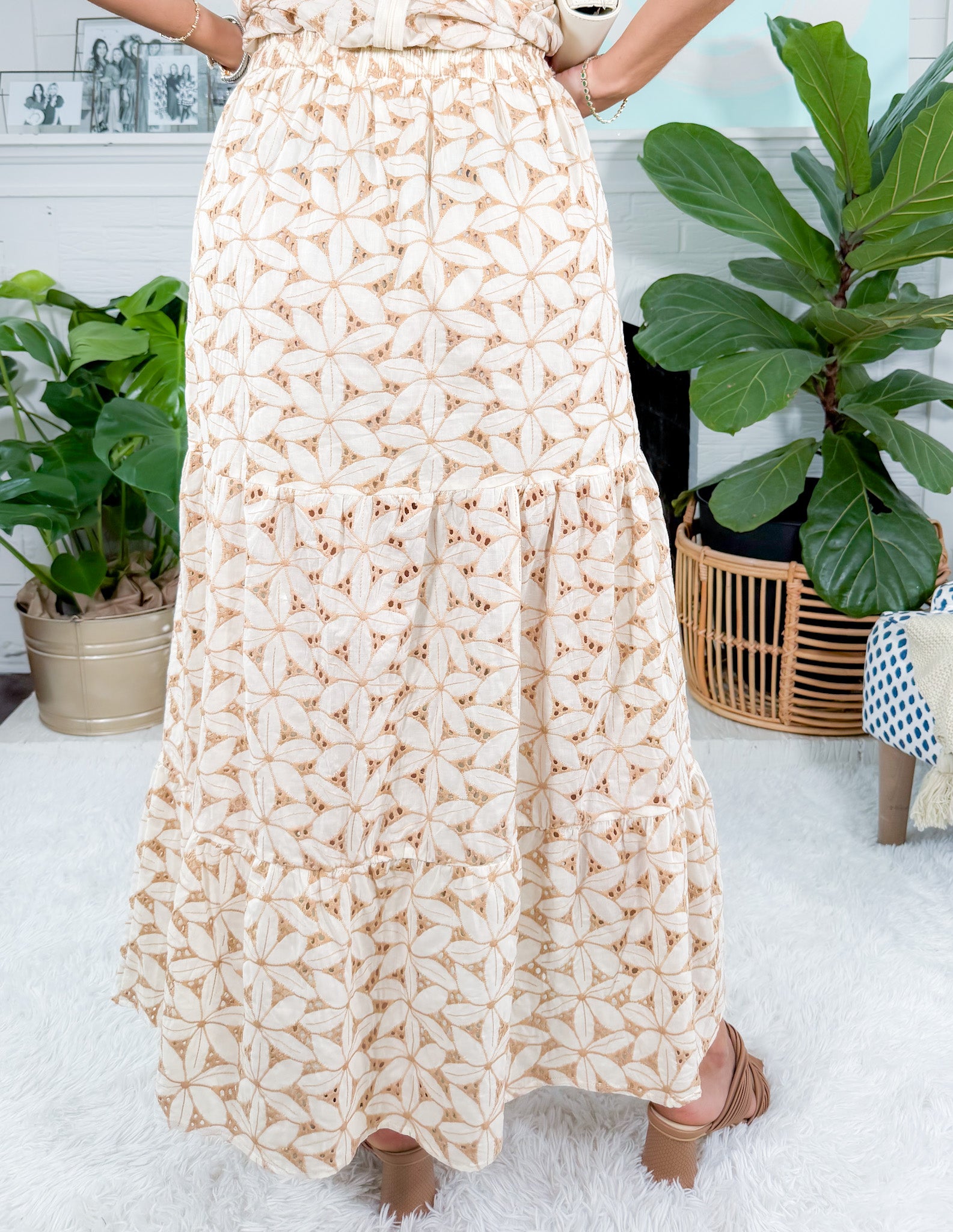 Latte' Flower Eyelet Side Slit Maxi Skirt