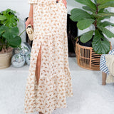 Latte' Flower Eyelet Side Slit Maxi Skirt