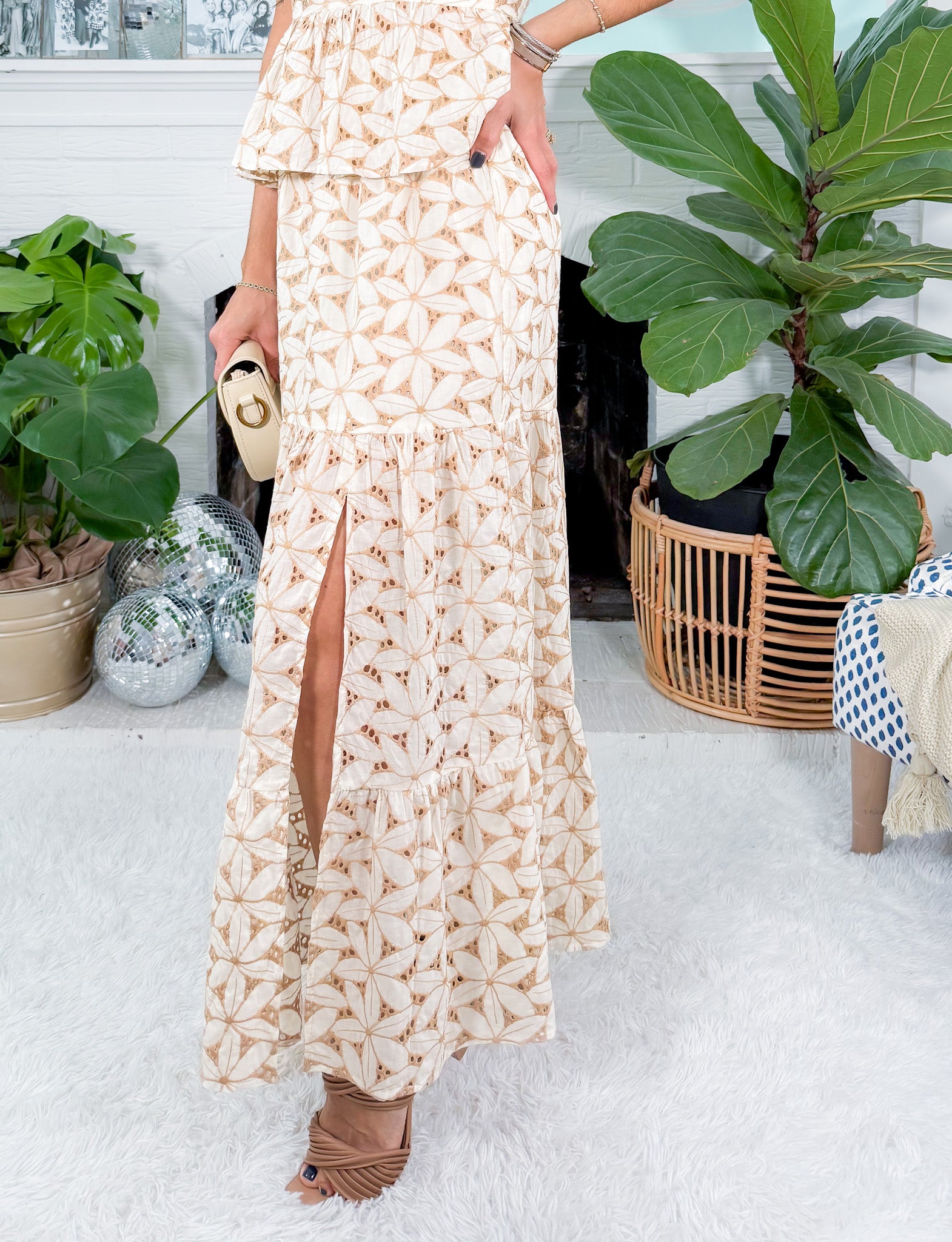 Latte' Flower Eyelet Side Slit Maxi Skirt