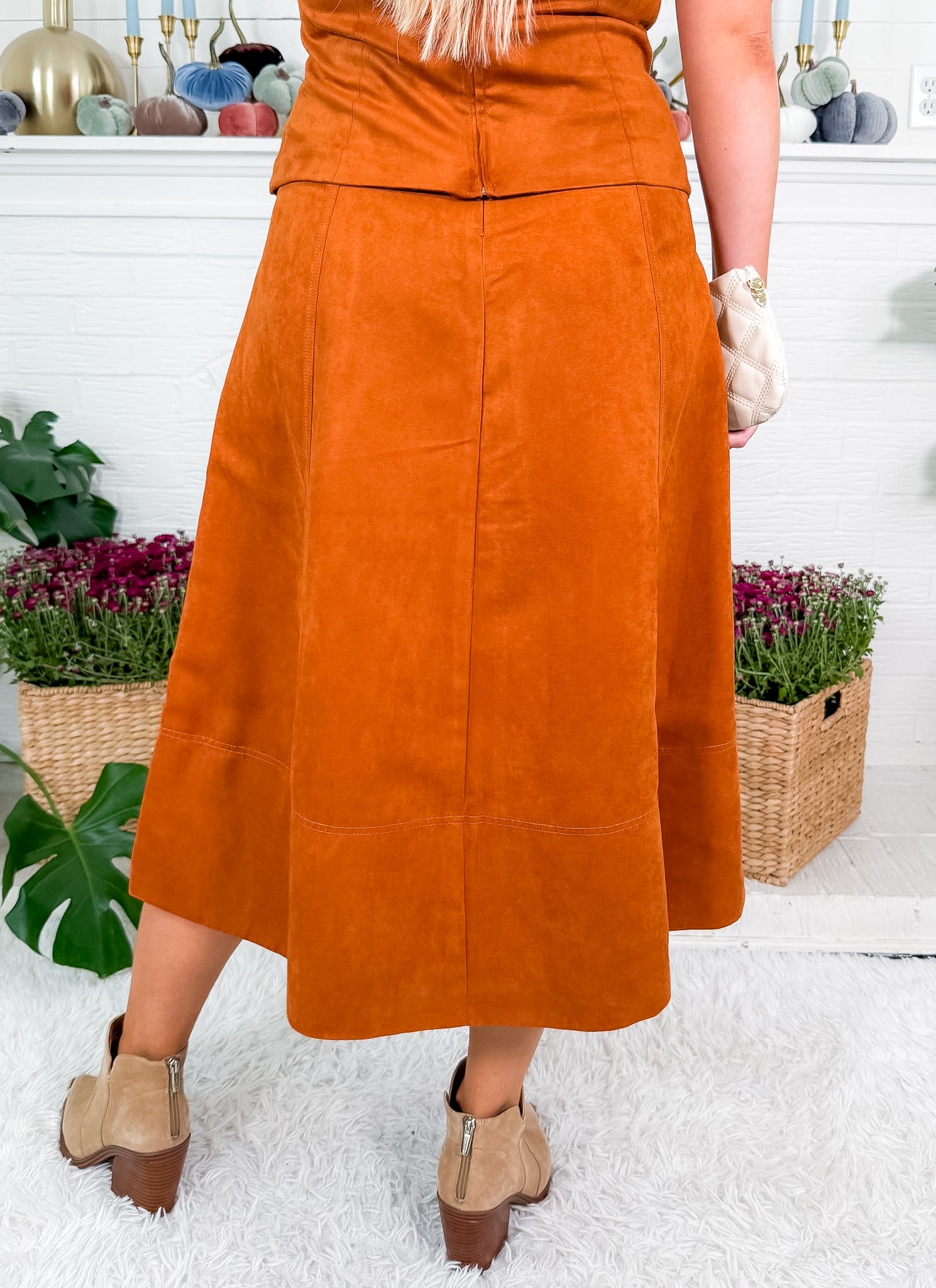 Lena Tree Bark Faux Suede A-Line Maxi Skirt Velvet Heart