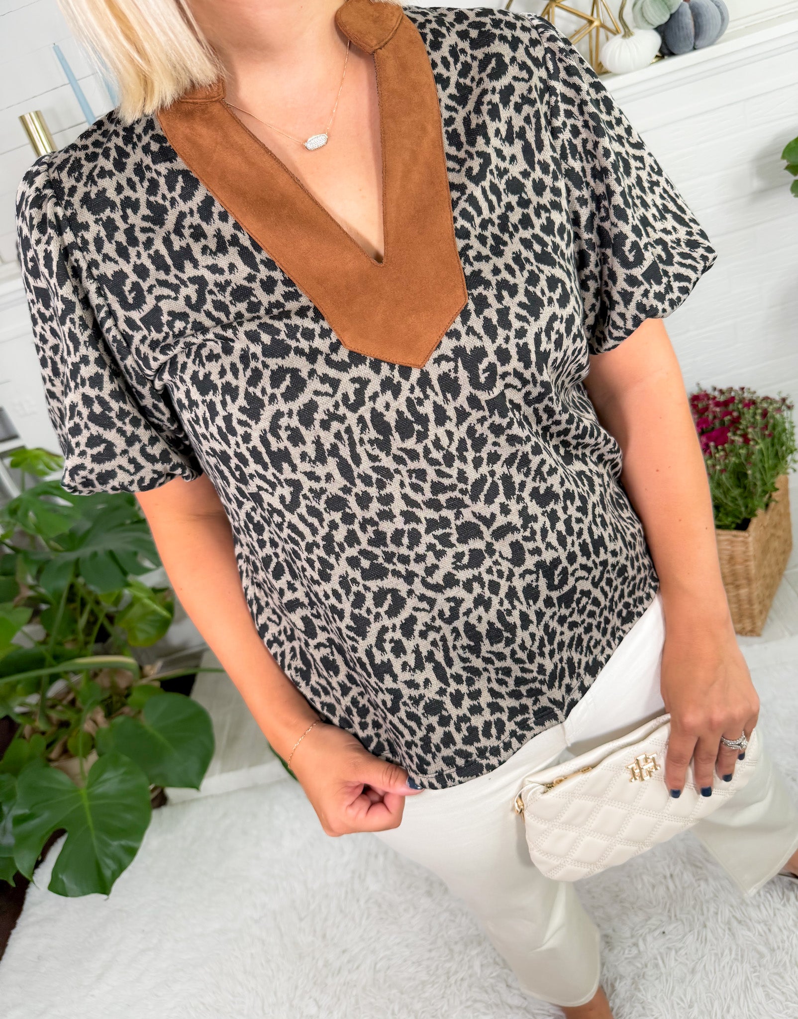 Leonard Knit Leopard + Suede Trim Top THML 