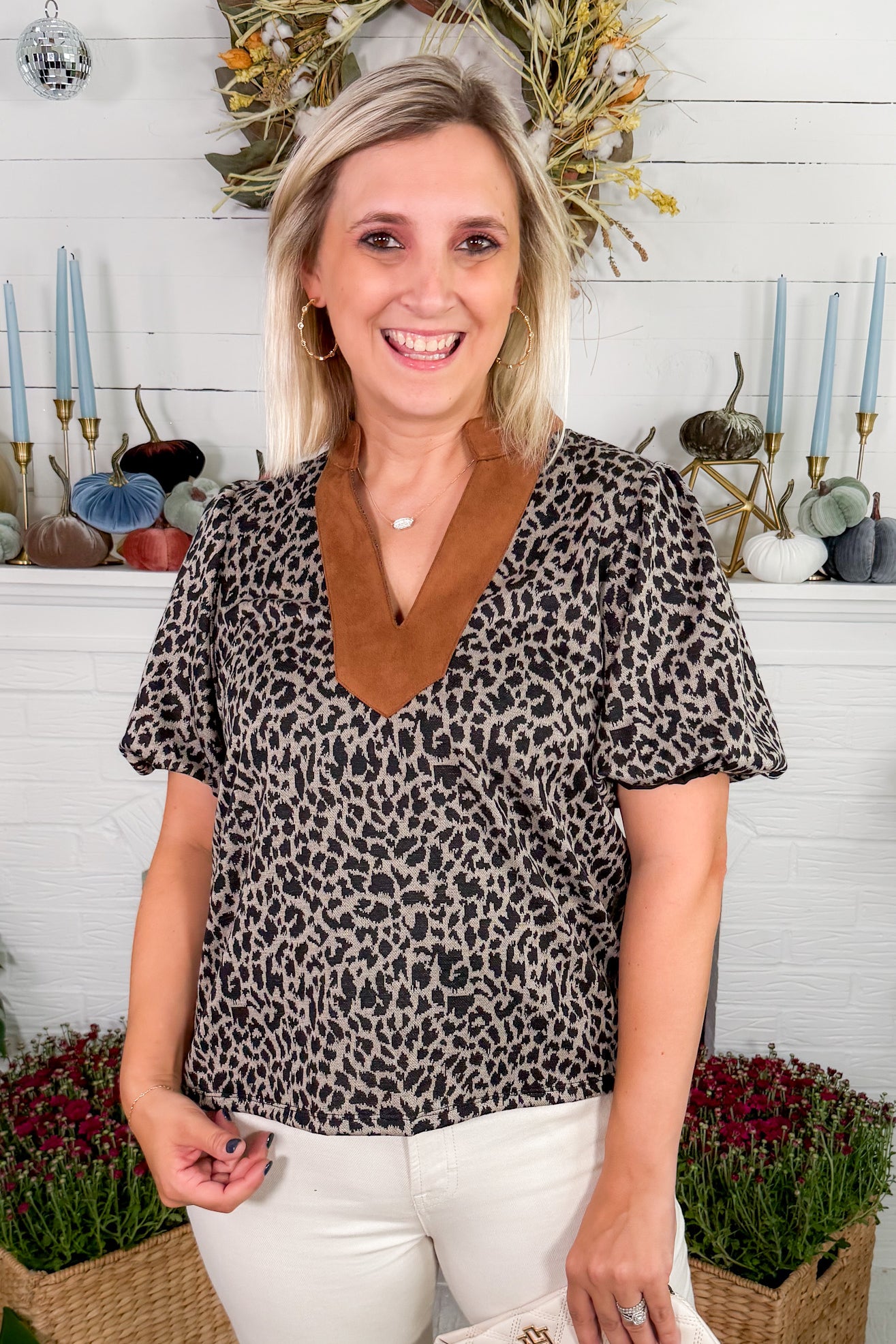Leonard Knit Leopard + Suede Trim Top THML 
