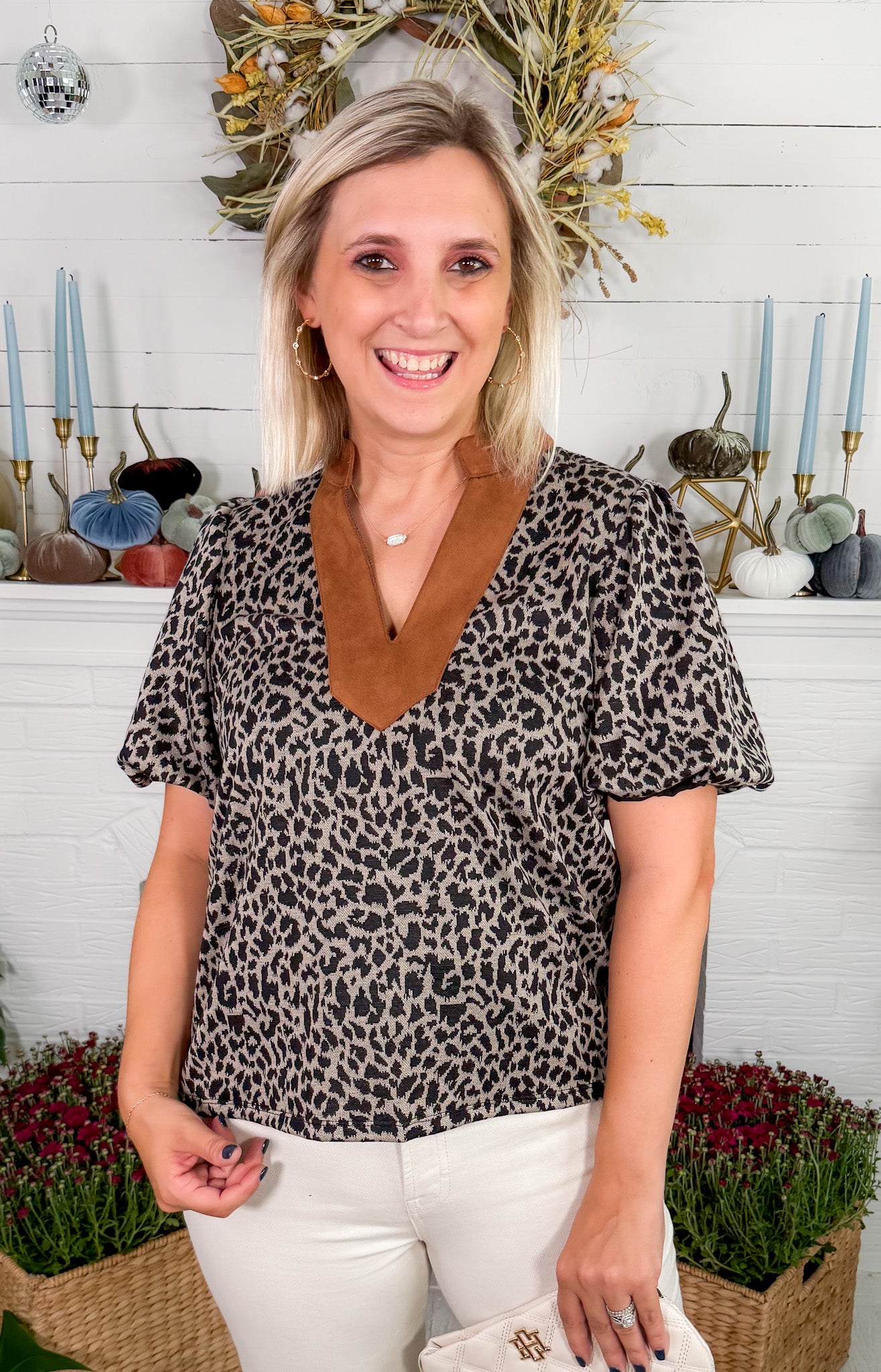 Leonard Knit Leopard + Suede Trim Top THML 
