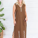 Leslie Chocolate Double V Embroidered Scallop Dress Karlie