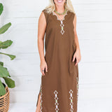 Leslie Chocolate Double V Embroidered Scallop Dress Karlie