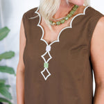 Leslie Chocolate Double V Embroidered Scallop Dress Karlie
