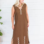 Leslie Chocolate Double V Embroidered Scallop Dress Karlie