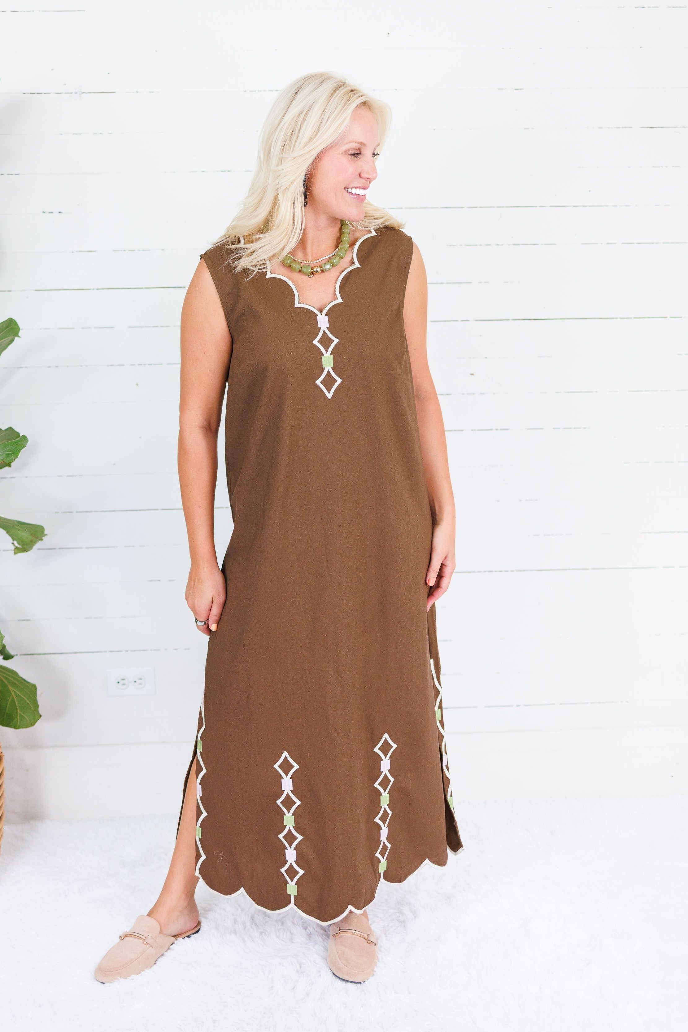 Leslie Chocolate Double V Embroidered Scallop Dress Karlie