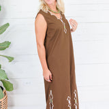 Leslie Chocolate Double V Embroidered Scallop Dress Karlie