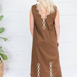 Leslie Chocolate Double V Embroidered Scallop Dress Karlie