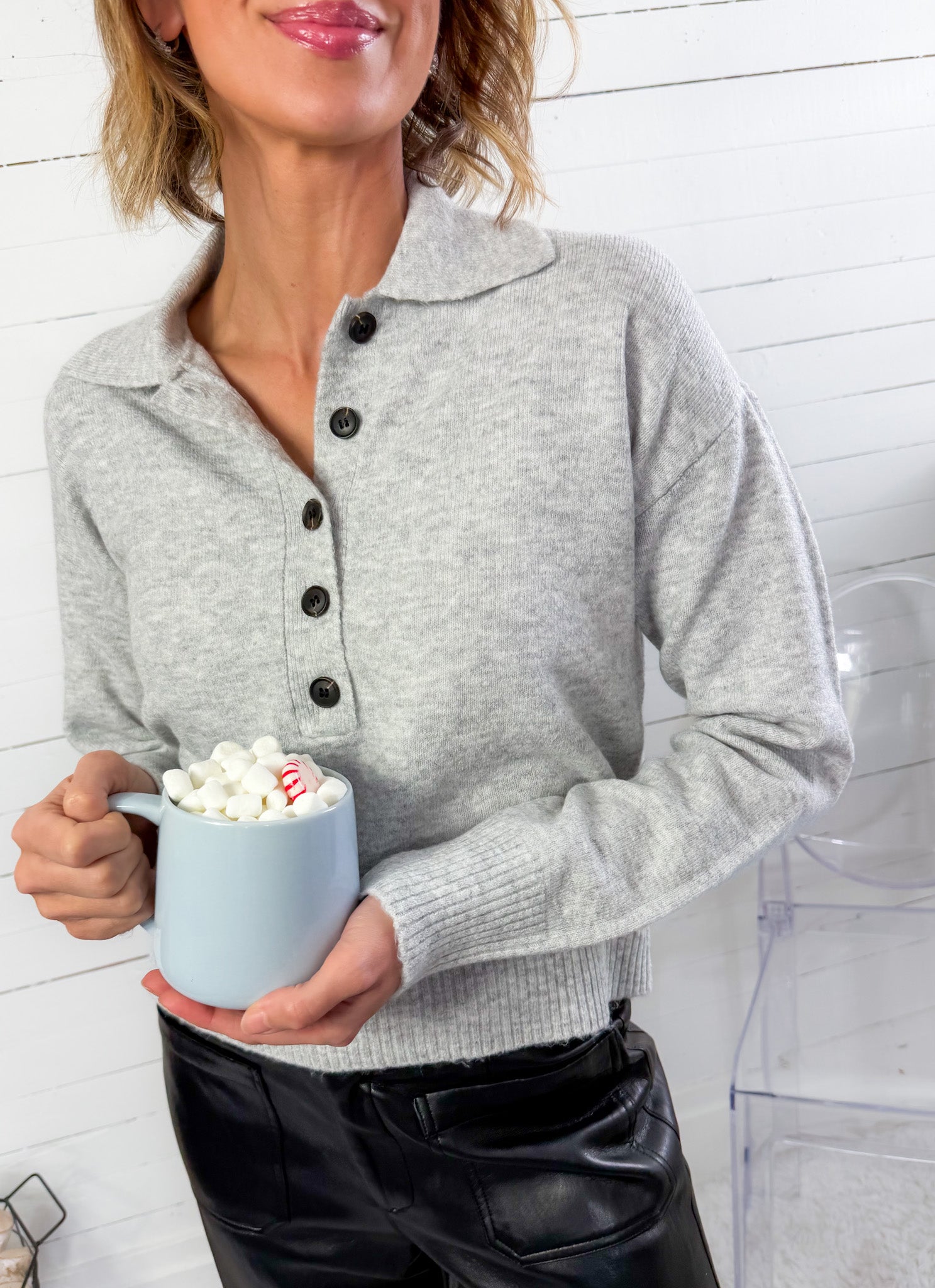 Lilia Heather Grey Button Placket Sweater KUT