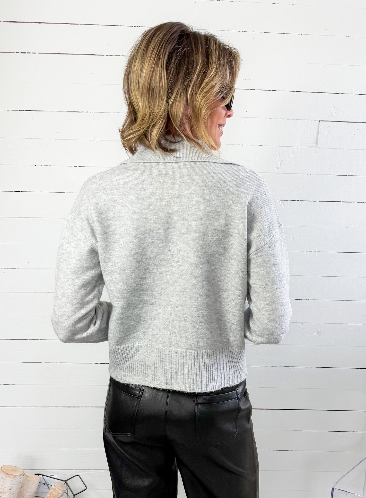 Lilia Heather Grey Button Placket Sweater KUT