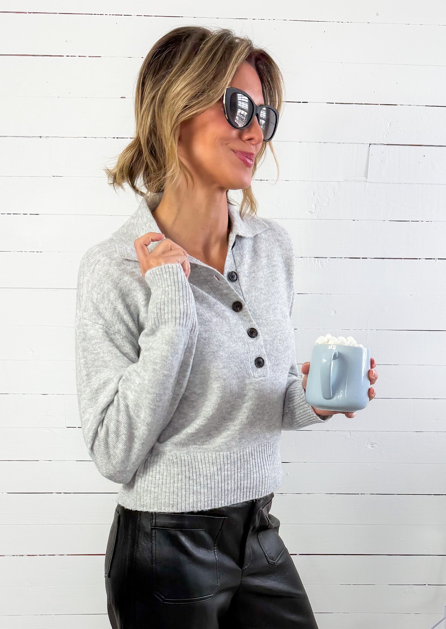 Lilia Heather Grey Button Placket Sweater KUT