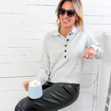 Lilia Heather Grey Button Placket Sweater KUT