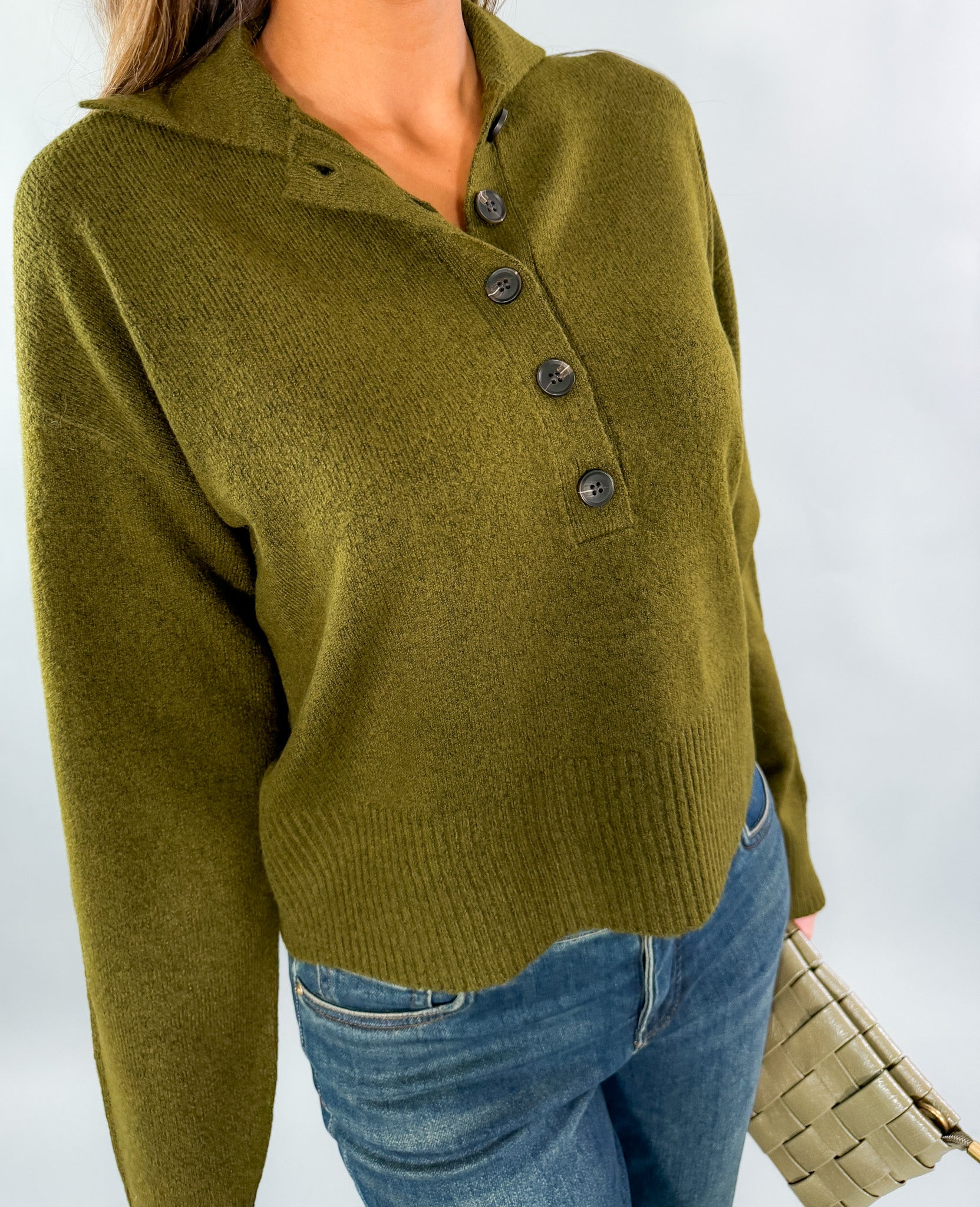 Lilia Olive Button Placket Sweater KUT