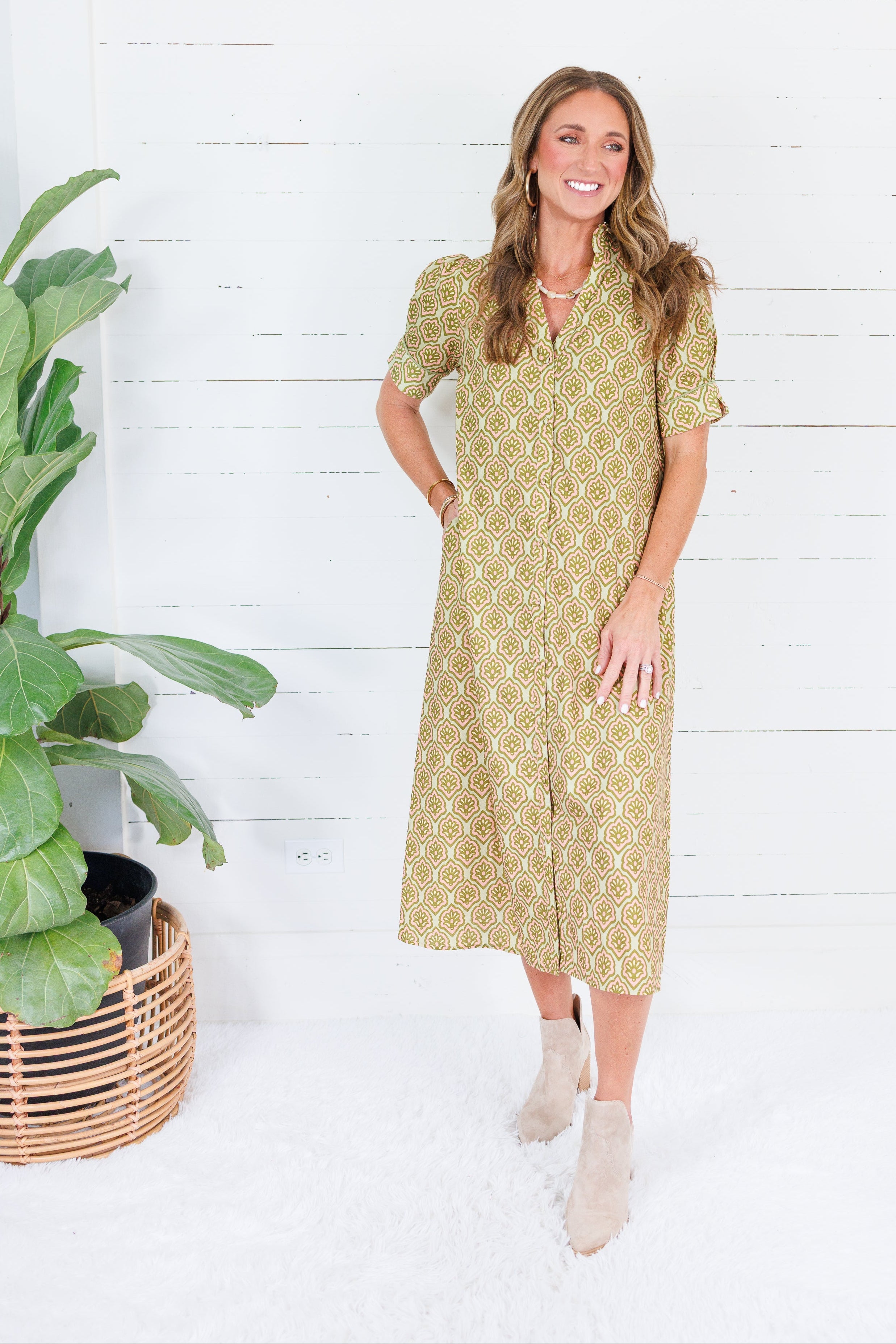 Lillian Matcha Mix Button Midi Dress Gigio