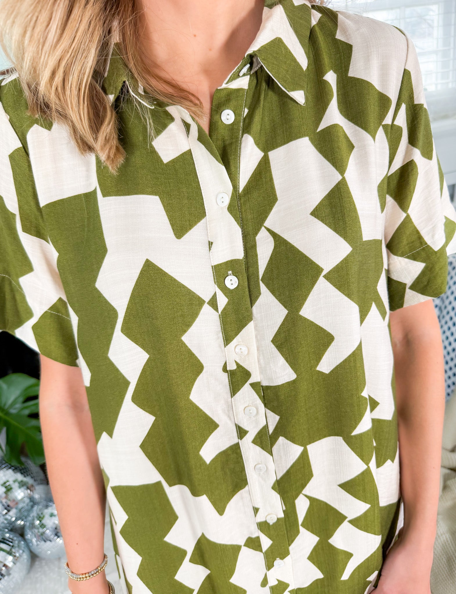 Livvy Olive Geo Button Up Dress THML