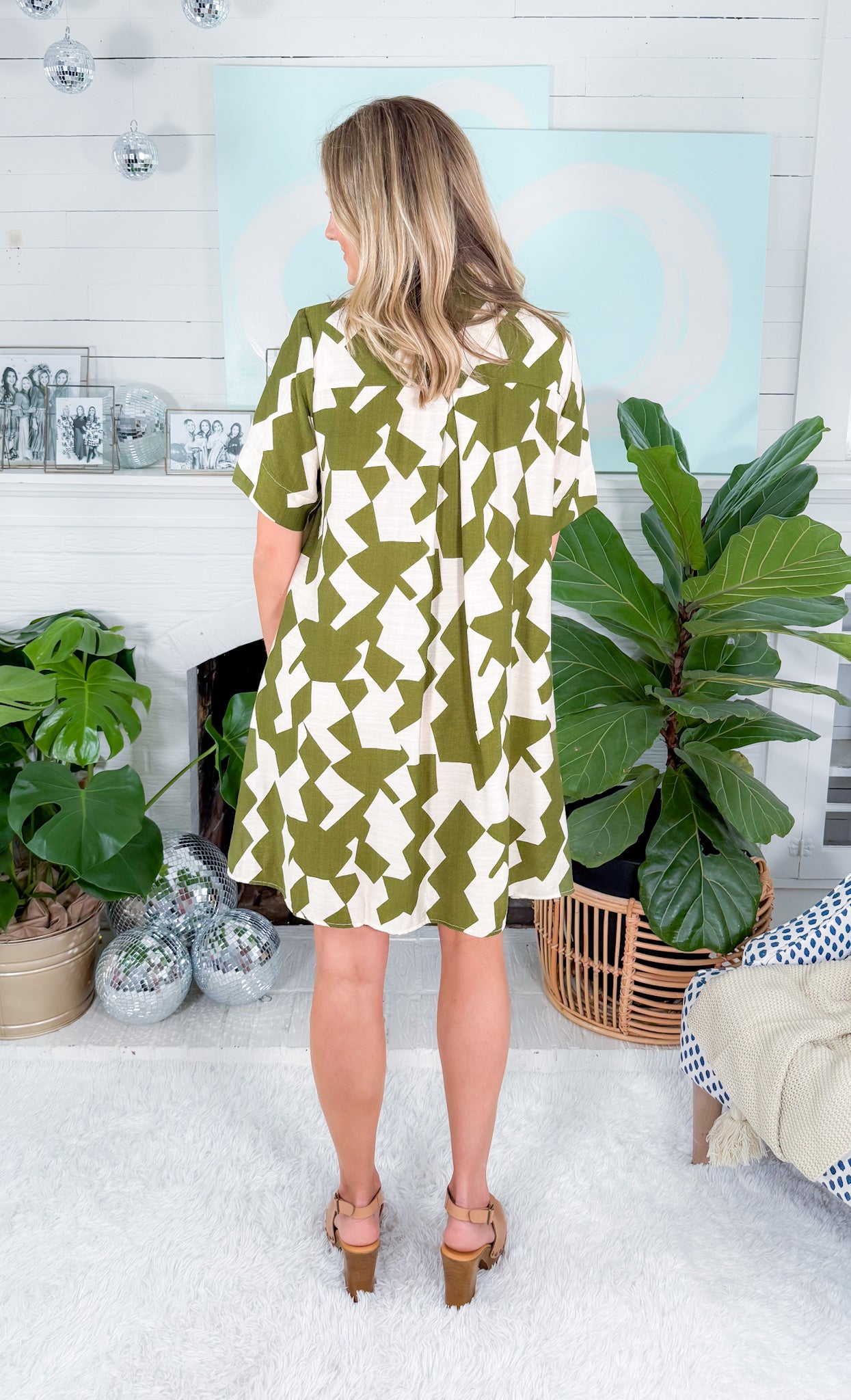 Livvy Olive Geo Button Up Dress THML