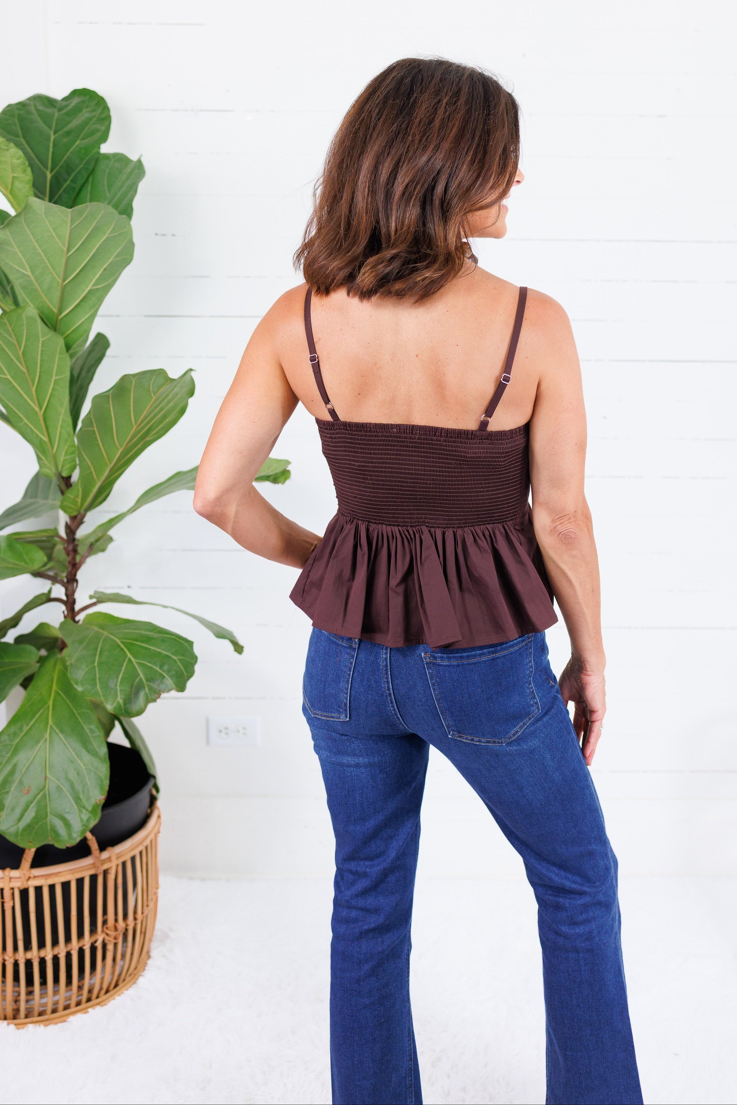Locke Chocolate Pleated Poplin Strappy Tank Entro