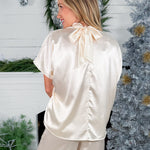 London Ivory Silky High Tie Neck Bubble Top Adrienne