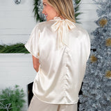 London Ivory Silky High Tie Neck Bubble Top Adrienne