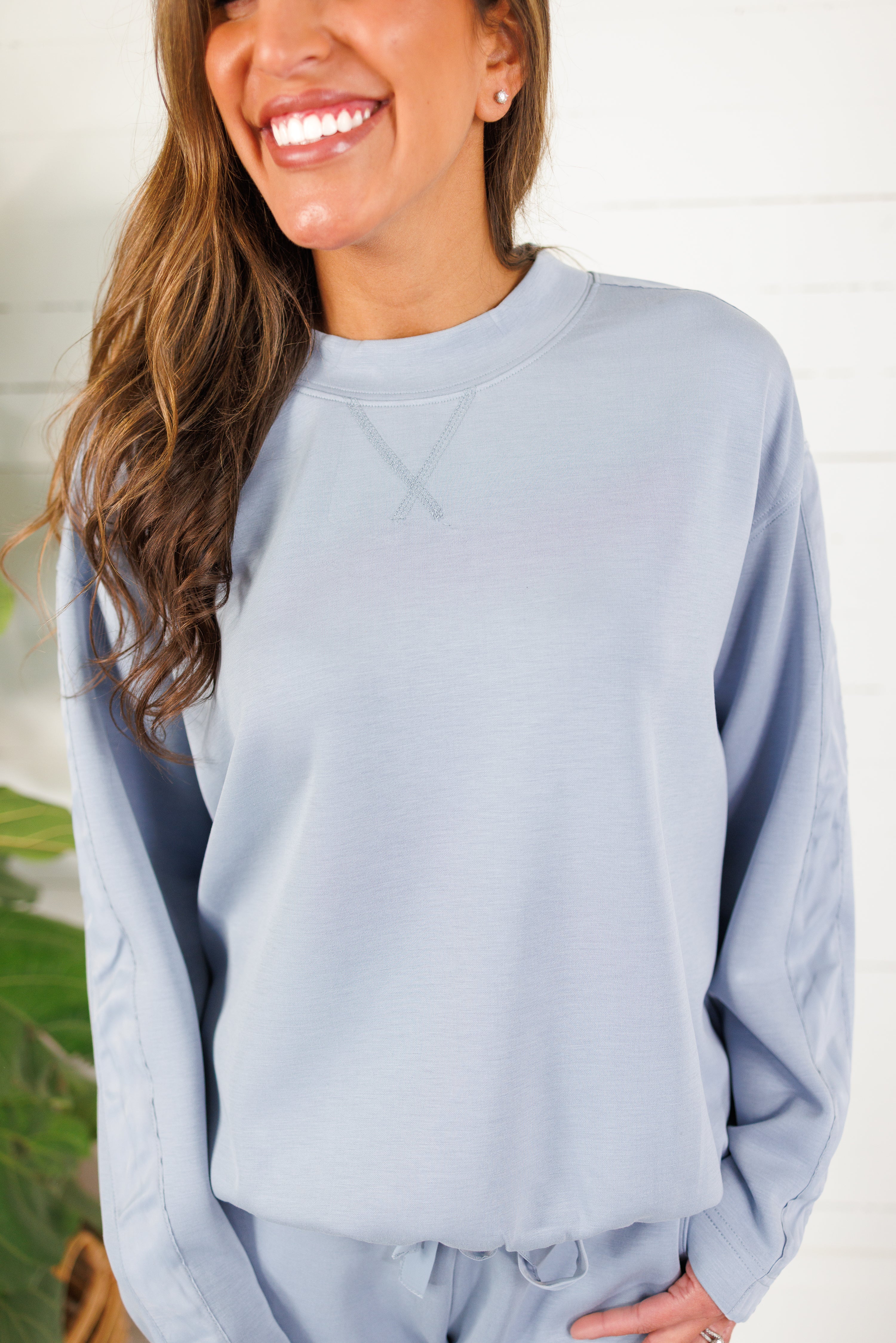 Lonnie Washed Blue Satin Trim Sweatshirt Fate