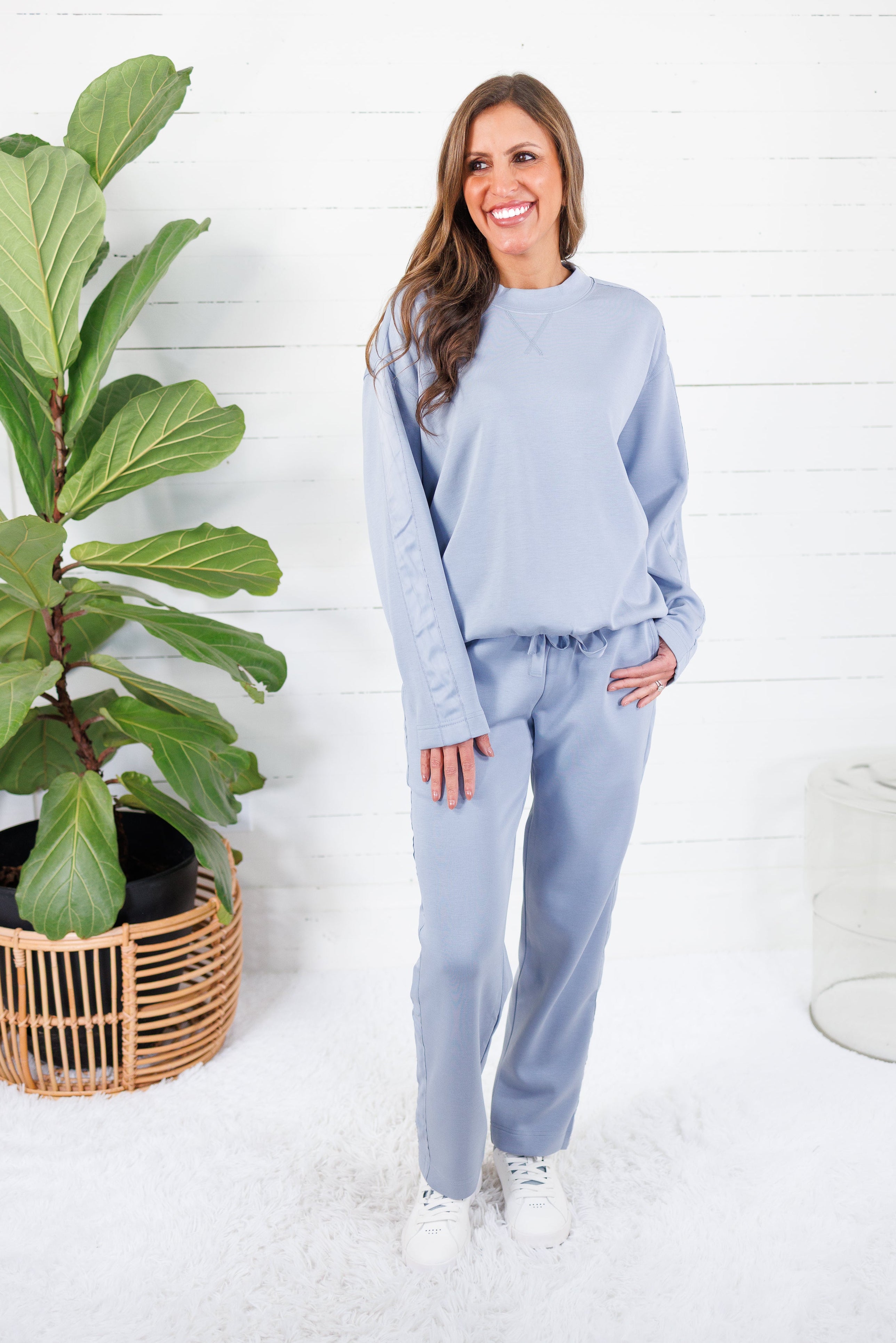 Lonnie Washed Blue Satin Trim Sweatshirt Fate