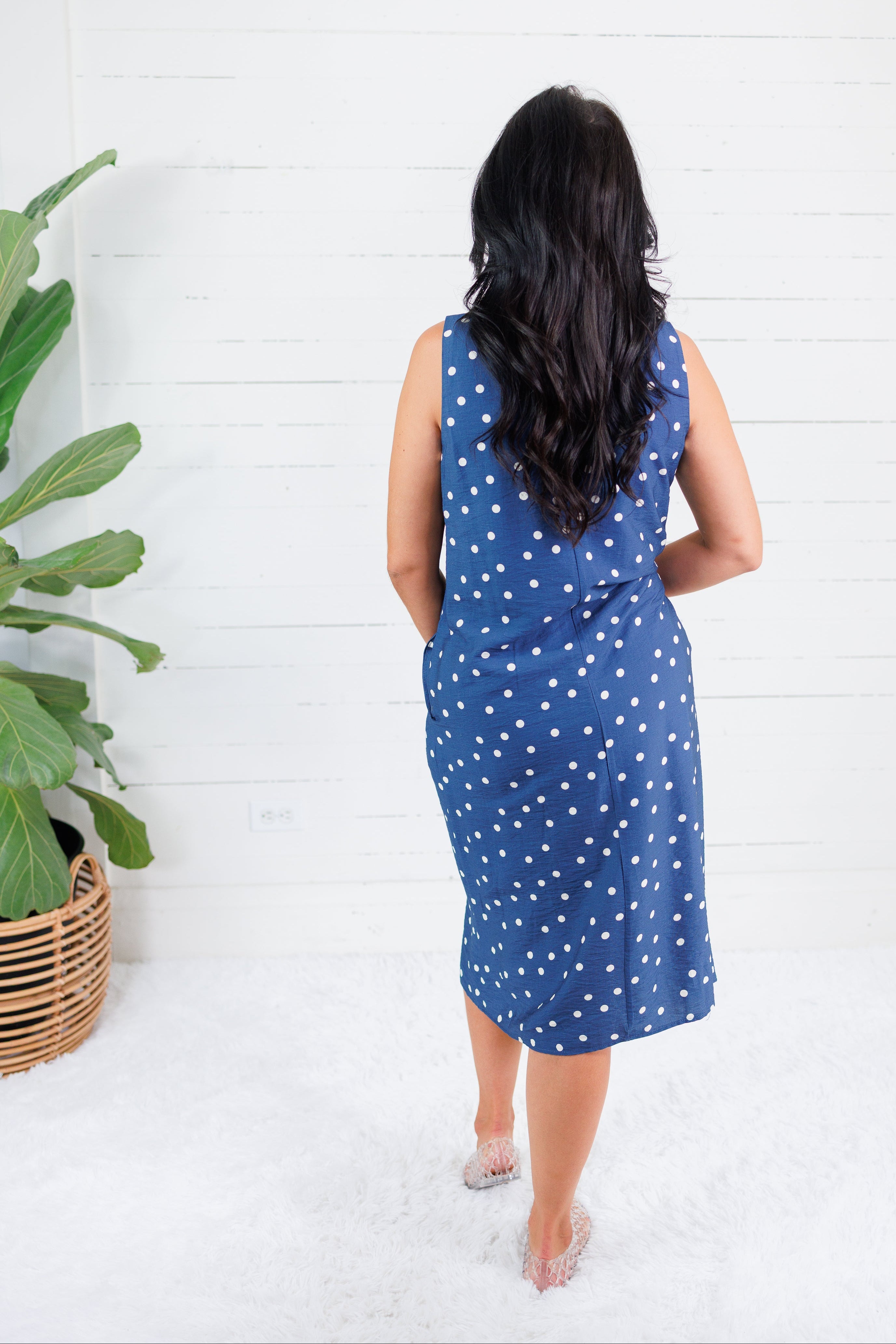 Lorraine Dusty Navy Polka Dot Sleeveless Dress She + Sky