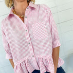 Lurleen Carnation Pink Gingham Flounce Top Entro